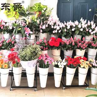 大号花店可移动花架铁艺多层带万向轮鲜花展示架货架塑料鲜花桶架