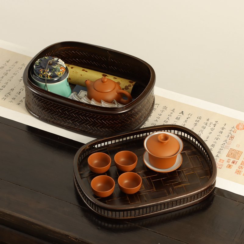 家用防尘日式竹编茶具收纳篮漆器工艺品多功能旅游茶具茶盘