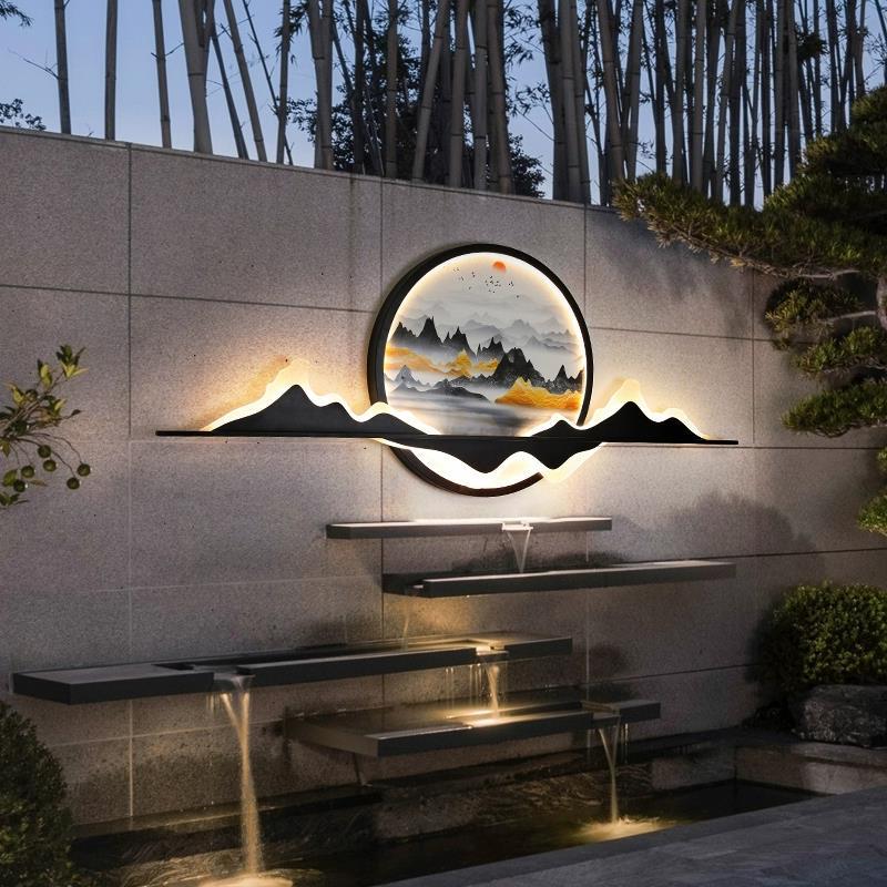 新中式户外防水壁灯别墅庭院水景墙壁灯室不锈钢山水笔画装饰灯具
