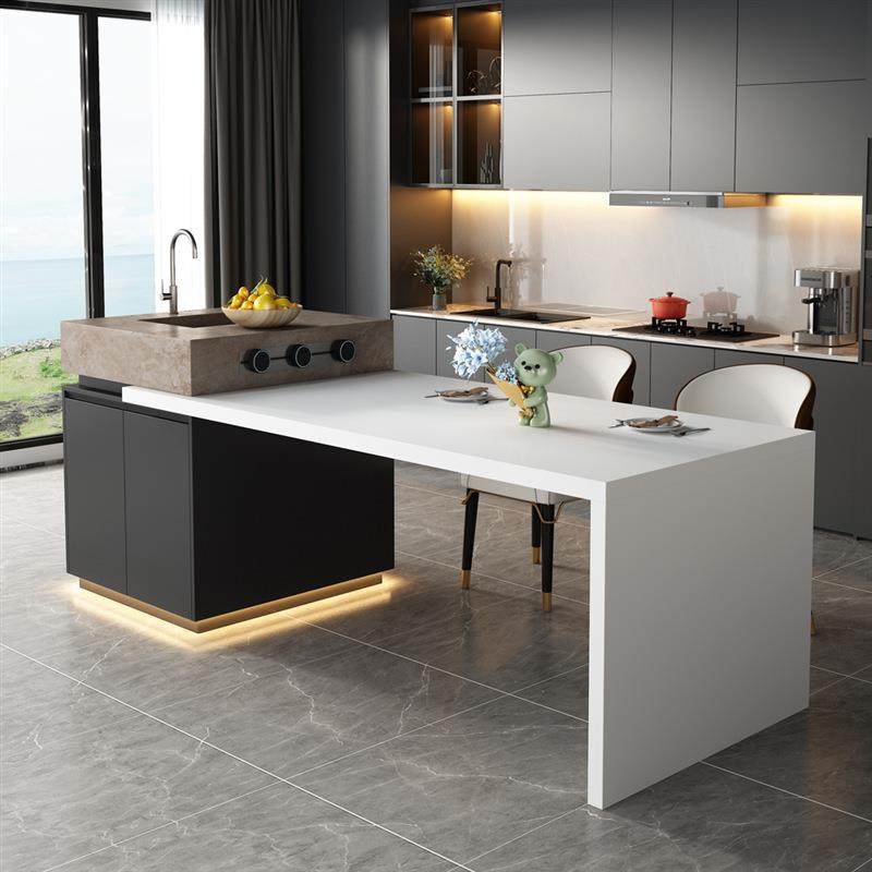 岛台餐桌一体错位伸缩带水槽小户型开放式厨房倒台加餐桌岩板吧台
