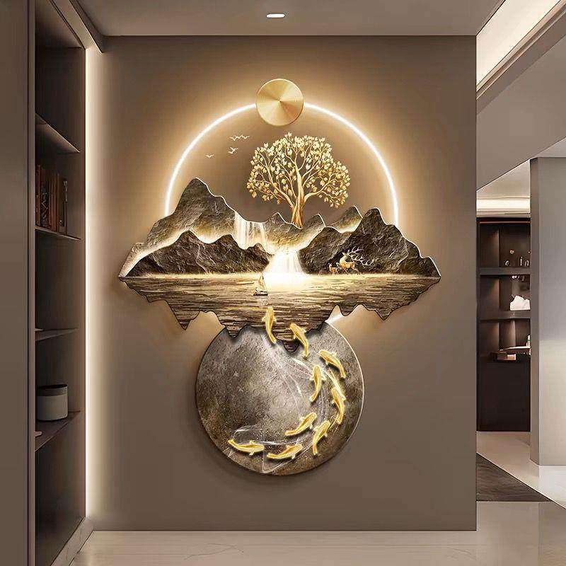 流水生财新中式玄关装饰画大气山水走廊过道挂画发财树入户壁灯画