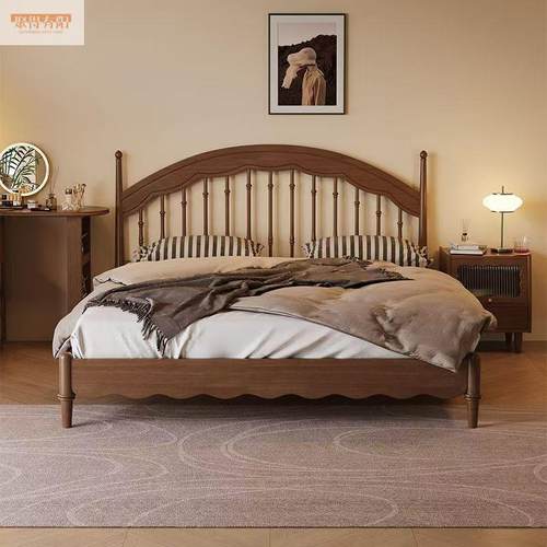 中古风竖琴大床主卧全实木温莎床美法式复古双人床新中式胡桃木色