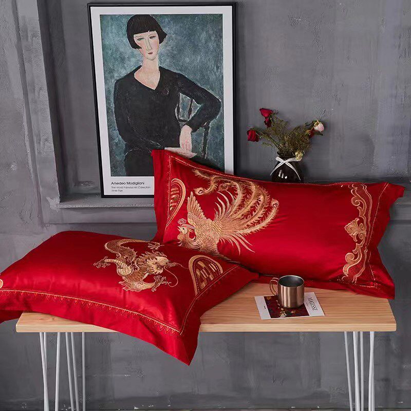 新款全棉绣花婚庆枕套 48*74cm一对装情侣红色枕芯套喜庆结婚礼物