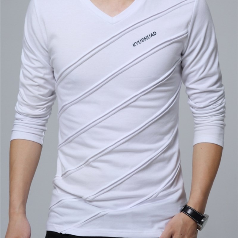 2025新款秋装长袖T恤纯棉薄款加大码男士中年打底衫健壮开V领小衫