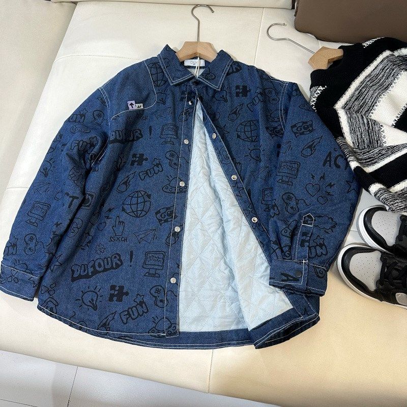 男童夹棉衬衫儿童棉服外套秋冬加厚2024新款洋气男孩牛仔衬衣潮酷