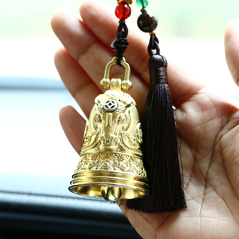 中国风复古纯黄铜铃铛马上有钱小汽车钥匙扣挂件男创意后视镜挂饰