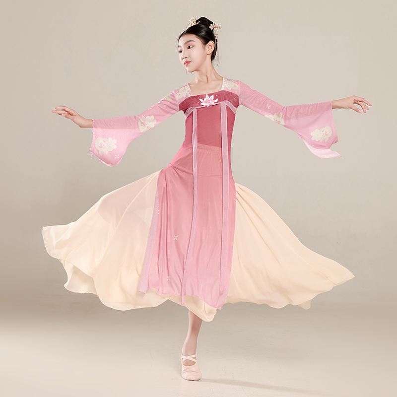 儿童古典舞蹈服飘逸中国舞齐胸汉服纱衣身韵长版扇子舞女童演出服
