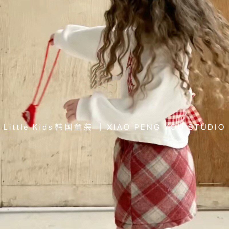 女童加绒卫衣半裙套装秋冬装女宝蝴蝶结套头上衣格子裙夹棉两件套