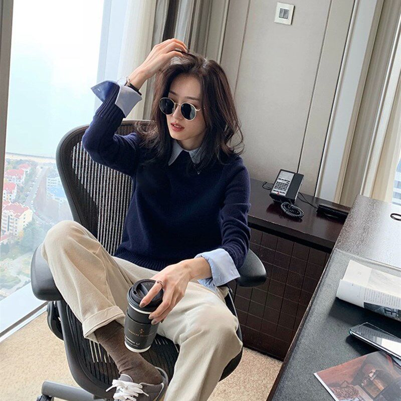 2025春装新款女装拼接假两件针织衫短款毛衣法式高级感Polo领上衣