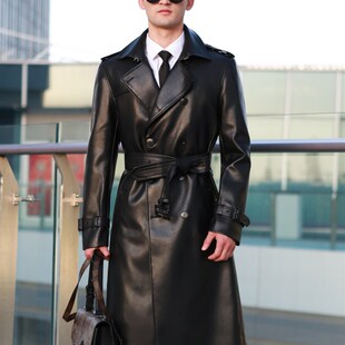 战壕皮风衣男超长款过膝双排扣英伦时尚男士皮衣加厚羊毛内胆外套