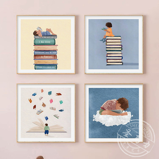 爱读书的大人孩子儿童房装饰画卧室床头客厅沙发壁画书房看书挂画