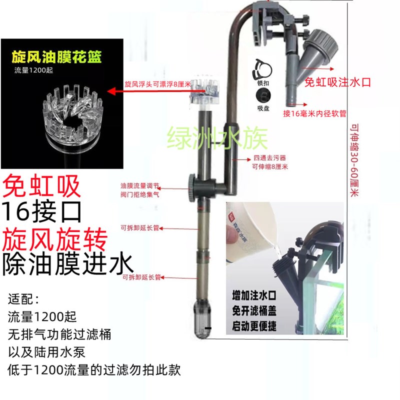 免虹吸鱼草缸亚克力1612接口旋风涡流旋转除油膜浮头花篮进出水