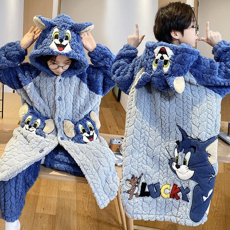 儿童睡衣男孩2024新款秋冬季加绒加厚珊瑚绒男童睡袍冬款男孩套装