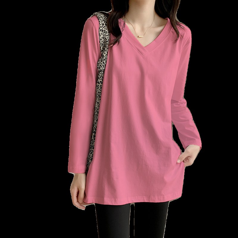 新款女士白色长袖宽松v领t恤中长款春秋下摆开叉上衣纯棉打底衫女