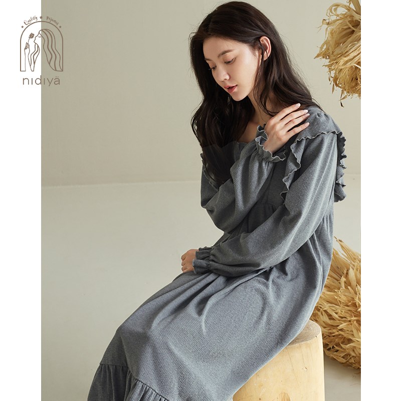 妮狄娅2024睡衣睡裙女纯棉长袖复古宫廷风方领中长裙春秋款家居服