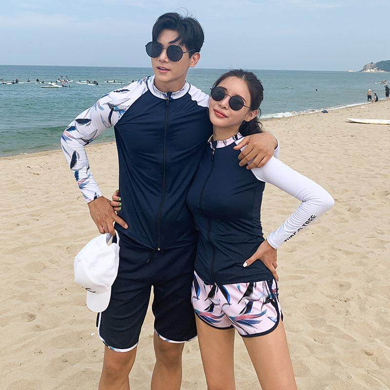 直销休闲情侣拼色外衣拉链聚拢保守高腰修身遮肚平角短裤泳衣