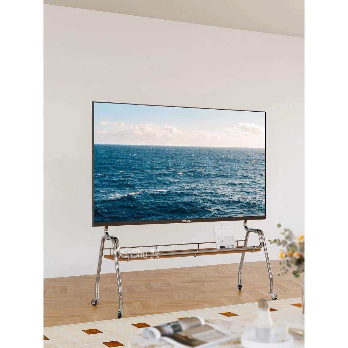 轻奢不锈钢带轮推车屏幕架简约风可移动电视架家用客厅显示器挂架