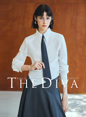 THE DIVA/现货时髦设计感 衬衫醋酸混纺抗皱条纹三角下摆短款衬衣