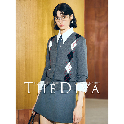 THEDIVAMIU系菱格羊绒针织开衫
