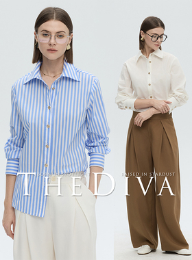 THE DIVA四季B备 蓝色条纹衬衫女细腻柔韧棉质2025年早秋廓形衬衣
