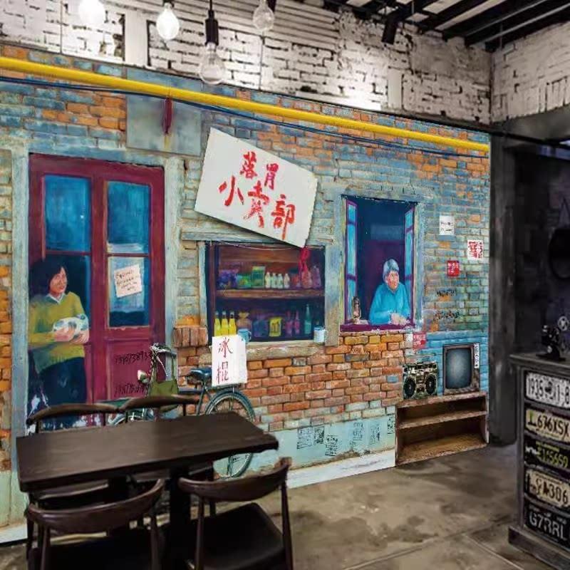 餐厅饭店壁纸怀旧小卖部背景墙纸80年代怀旧背景布烧烤店装修壁画