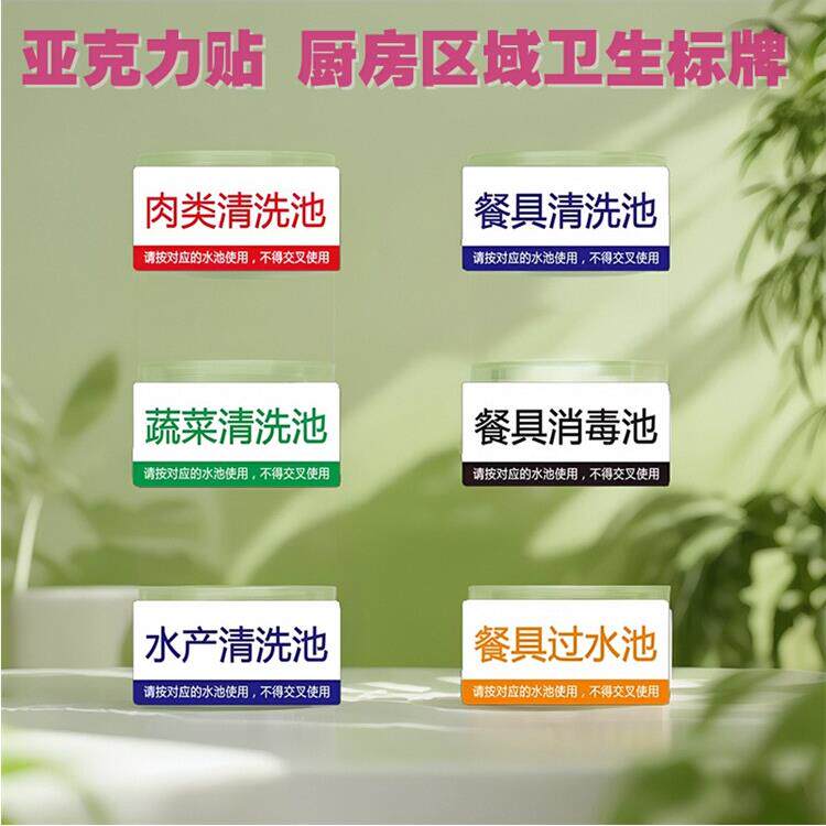 厨房干净卫生节约用水标牌贴餐具清洗池肉类蔬菜水产池分区指示牌