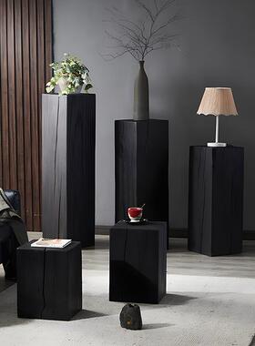 侘寂风黑色方形碳化实木墩子民宿原木花架雕塑展示台木桩底座摆件