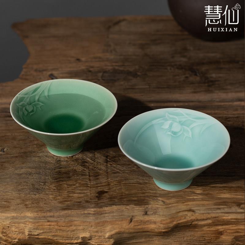 龙泉慧仙青瓷兰花斗笠杯陶瓷品茗杯中式茶杯大号主人杯功夫茶杯