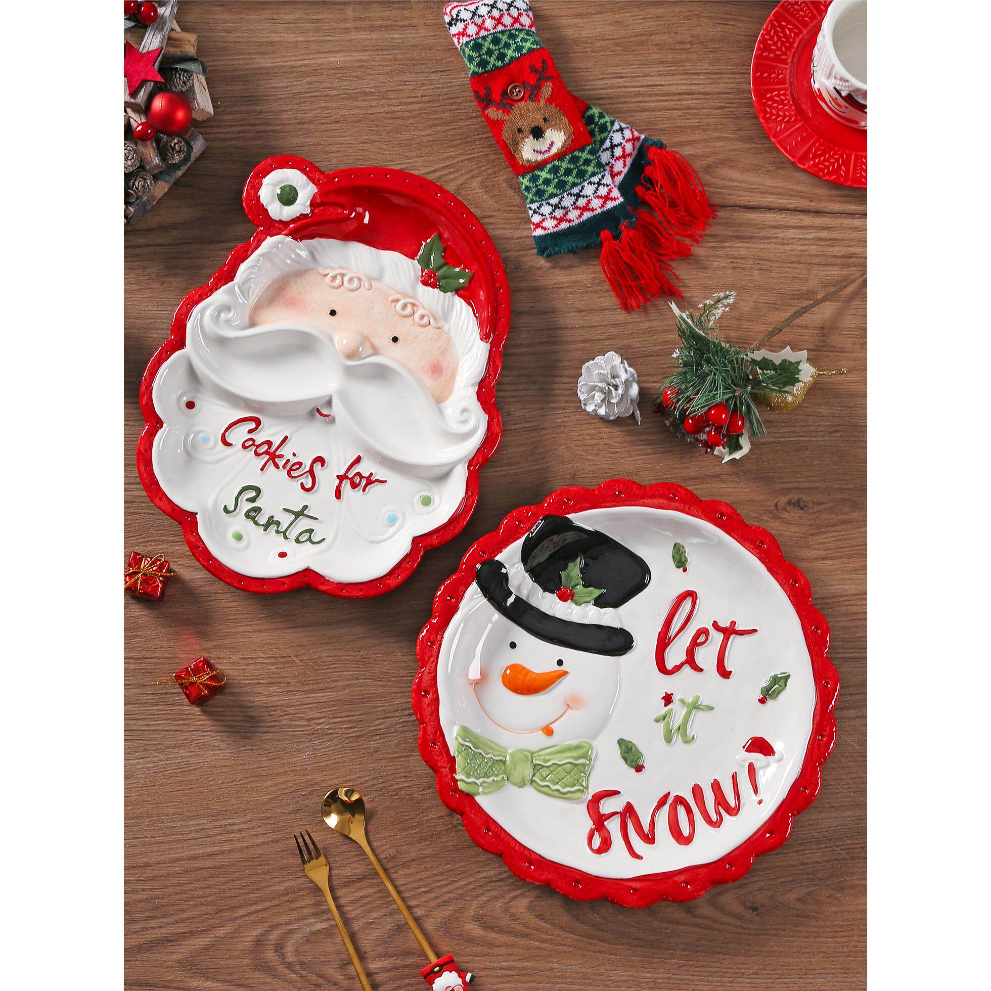 出口欧美立体手绘圣诞老人餐盘釉下彩陶瓷早餐餐点心盘圣诞节餐具