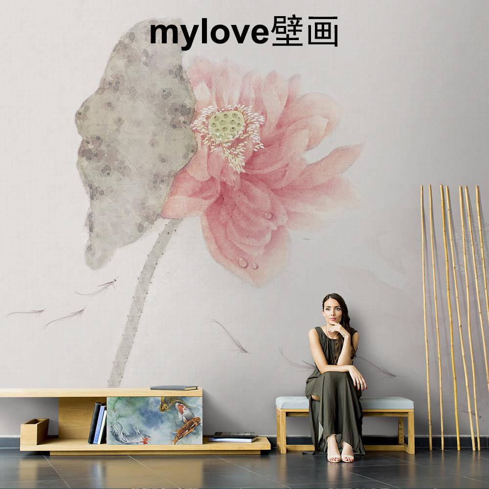 新中式荷花背景墙客厅卧室玄关无缝墙布墙纸壁画壁纸个性轻奢定制