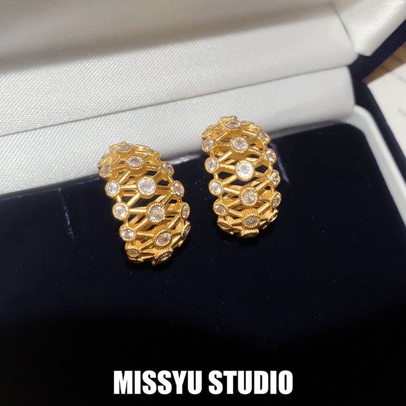 耳饰银针形C耳环!复古高级感锆石轻奢vintage中古耳钉宫廷风多层