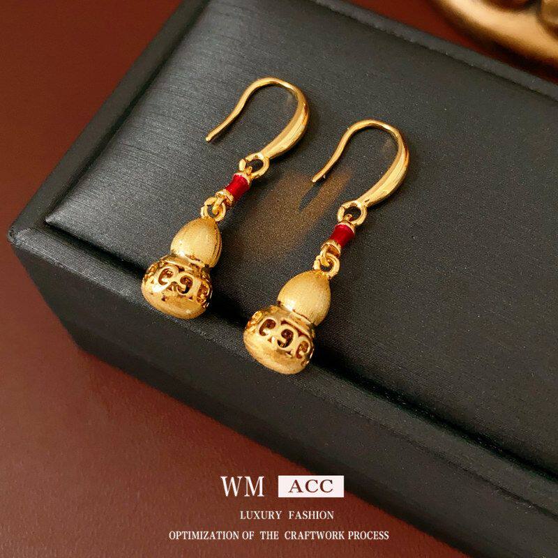 耳环批发拉丝百搭耳钩吊坠复古耳饰电镀真金时尚葫芦高级感新中式