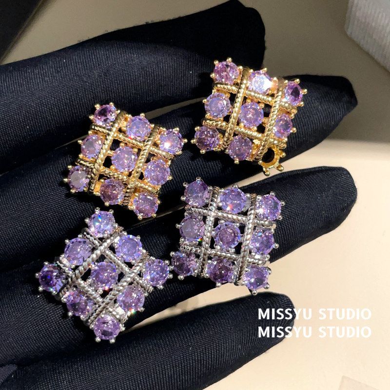 耳钉!时尚紫色方形气质女复古耳环银菱织法式锆石轻奢紫百搭耳饰