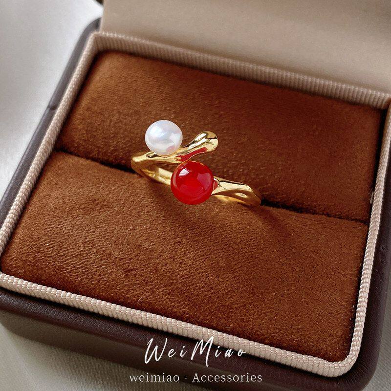 女简约镶钻戒指食指几何戒指金属开口珍珠饰品光面义乌时尚韩版女