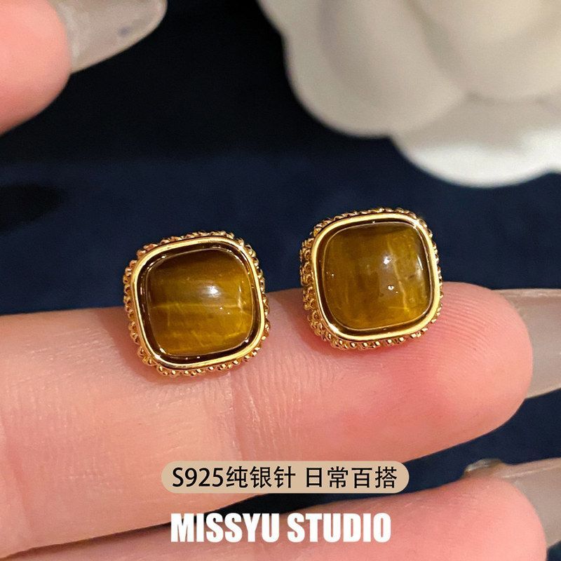 锆石方糖针纯银耳钉耳饰!虎眼石