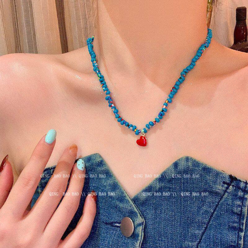女轻吊坠奢小众爱心高级感饰品链蓝色串珠韩系时尚项链配百搭锁骨