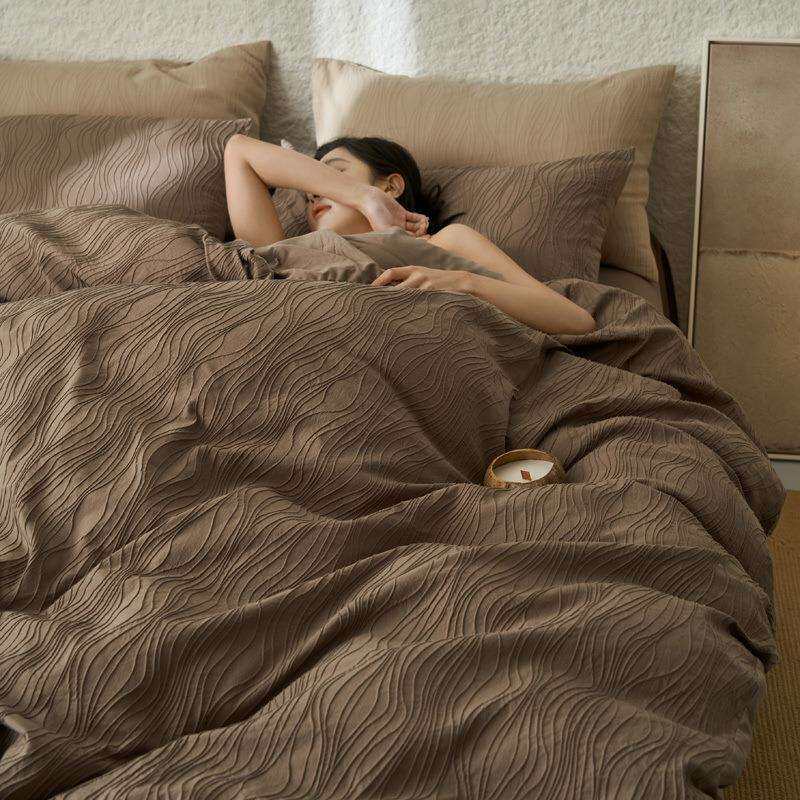 轻奢全棉高级简约波浪提花床上四件套被套床单纯棉高级三件套床品