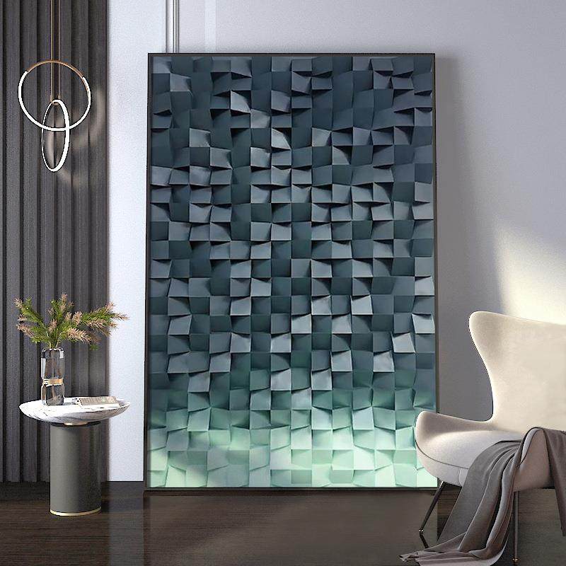 抽象彩色格子装饰画绿色蓝色大幅落地画轻奢壁画客厅沙发背景挂画