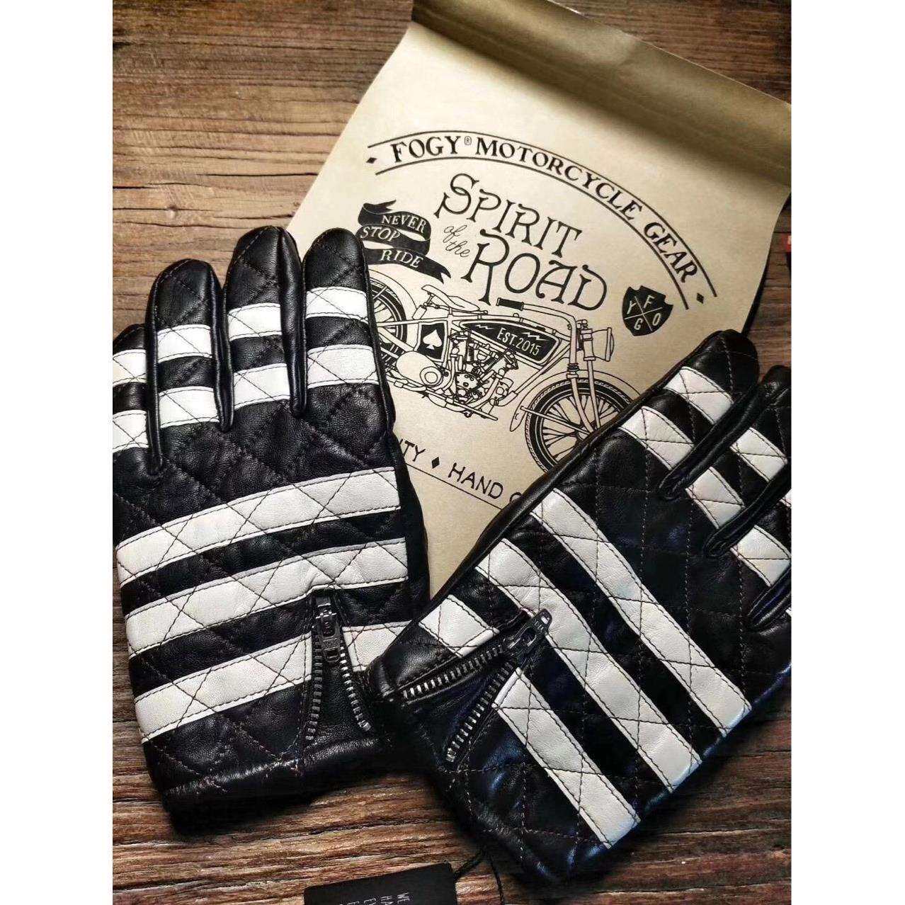 机车骑士囚徒黑白条纹复古哈雷真皮触屏加绒保暖长款男女通勤手套