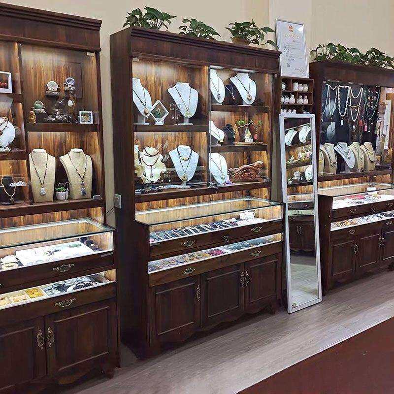 复古实木珠宝展示柜古玩玉器透明陈列柜首饰蜜蜡饰品玻璃中岛展柜
