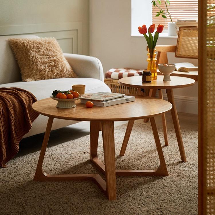 严选公寓民宿原木风小户型实木茶几组合客厅家用纯实木圆形小茶几