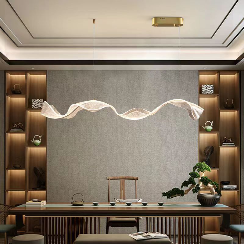 现代简约餐厅吊灯吧台办公室酒店前台长条波浪飘带亚克力LED吊灯