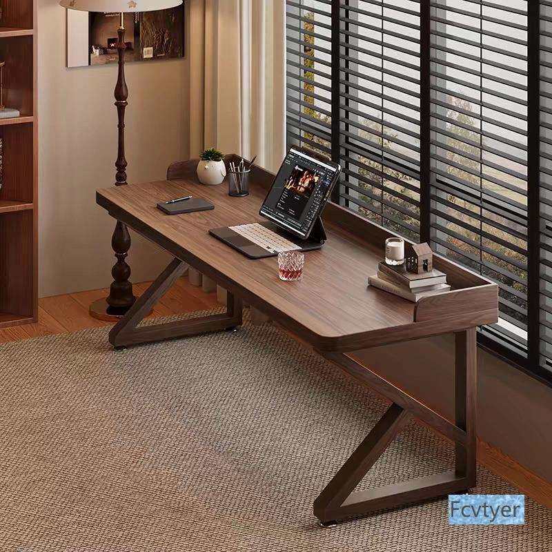 全实木双人书桌挡板台式电脑办公桌长条电竟床边桌子家用学习桌