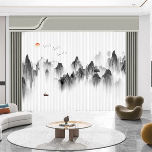水墨山水画窗帘遮光2024新款 新中式 中国风古典客厅透光不透人纱帘