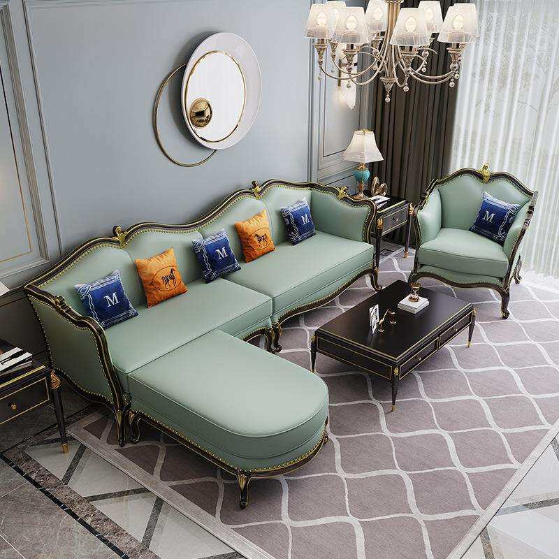 黑檀实木沙发一字型直排沙发美式真皮沙发四人位大小户型线条