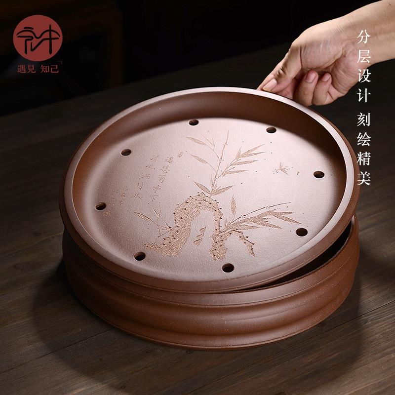 宜兴紫砂茶盘托盘纯手工双层储水式圆形茶海小干泡茶台茶具