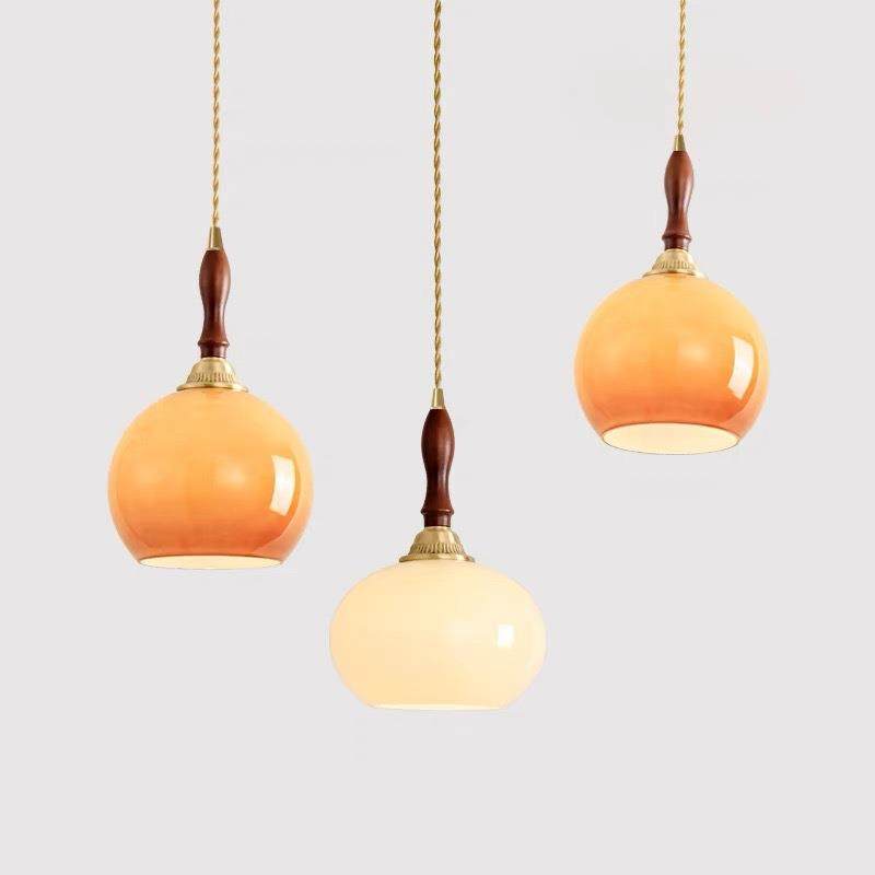 法式床头吊灯全铜中古诧寂风复古日式柿子玻璃餐厅吧台阳台小吊灯