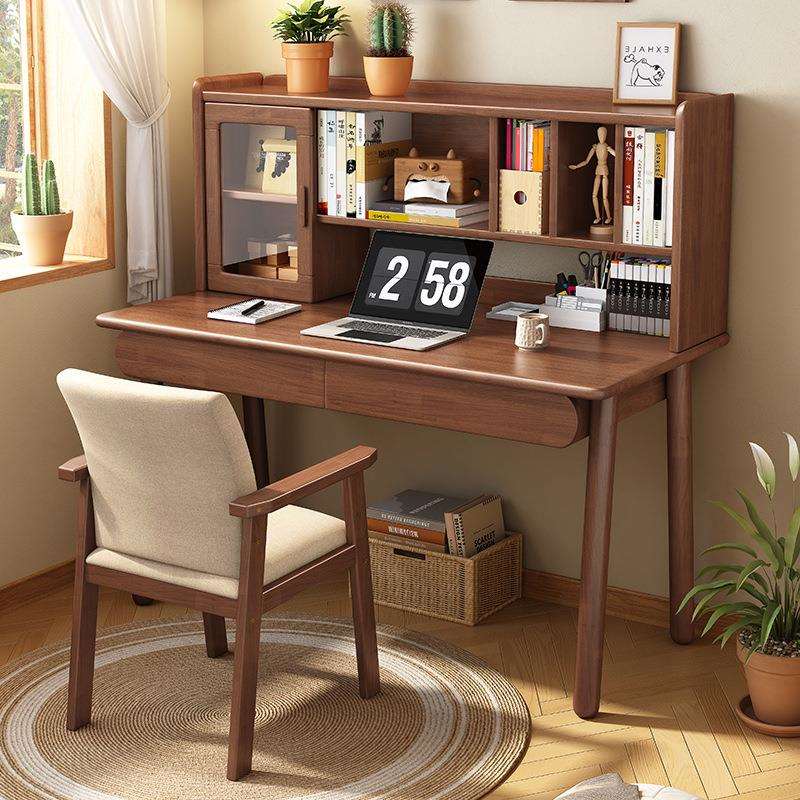 家用实木书桌书架一体简易办公电脑桌卧室儿童学习桌学生写字桌子