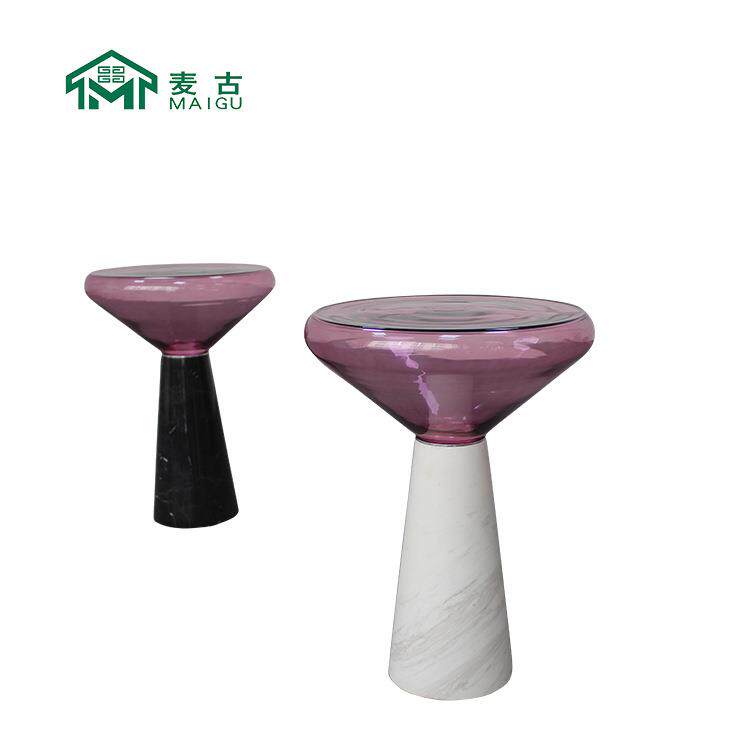 麦古北欧设计师边几手工玻璃茶几天然大理石鼓手茶几角几