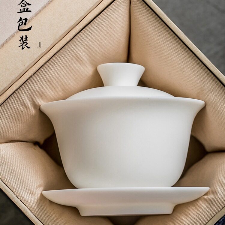 德化白瓷三才盖碗茶杯单个羊脂玉陶瓷茶碗带盖泡茶茶具套装无盖碗
